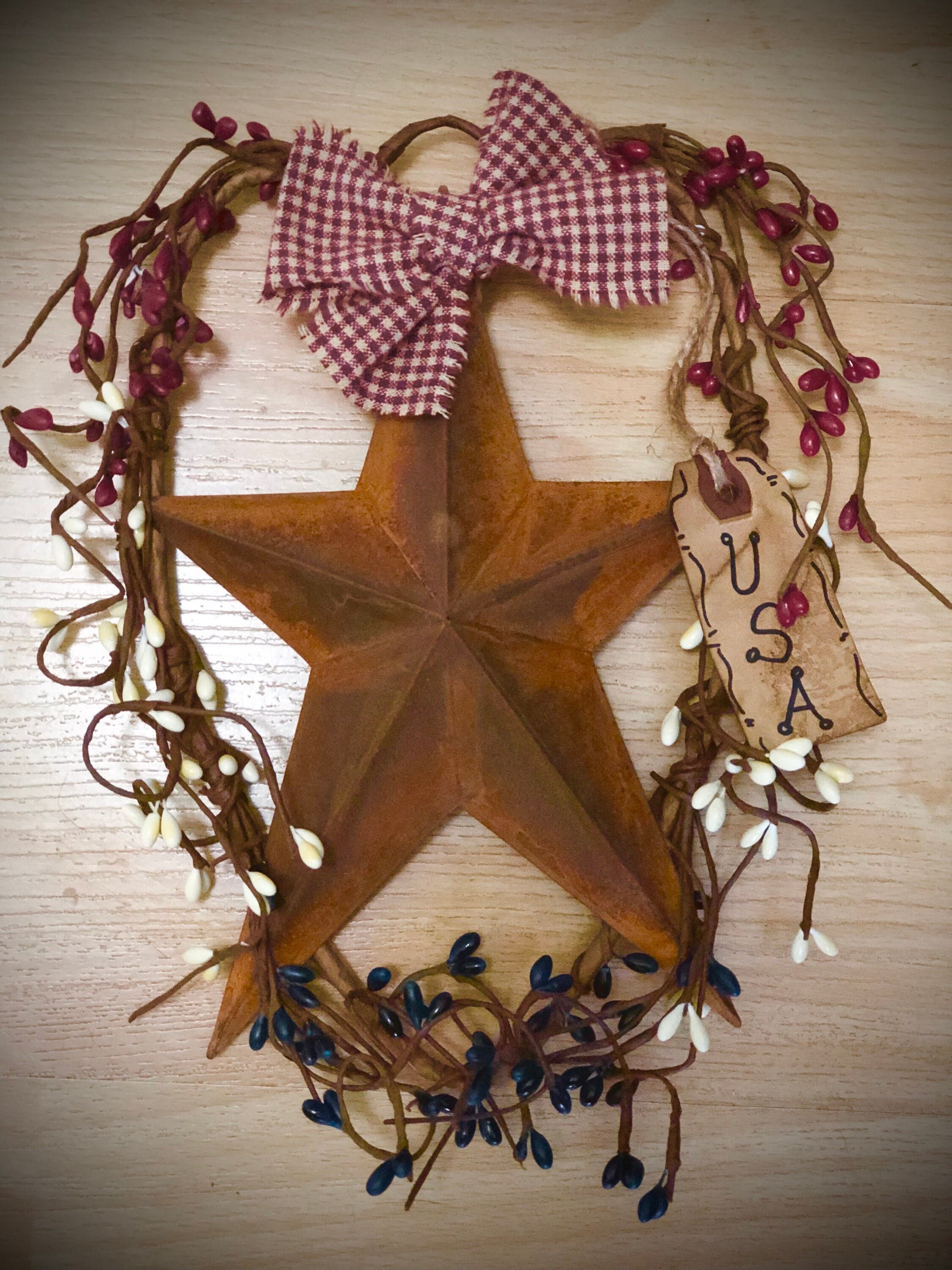 USA 9” Primitive pip berry heart ring 8” metal star prim rustic bow farmhouse decor homespun RWB  DLCC