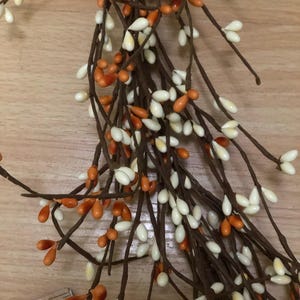 May include: A garland of brown branches with white and orange berry-like decorations.