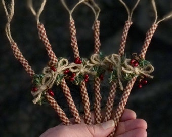 FAUX prim pep-O-mint sticks, burgundy pip Country Christmas, Farmhouse Ornaments, Rustic Ornies, Holiday decor, Shabby Chic decor,  set of 6