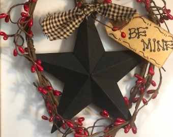 7” Primitive pip berry heart ring 5.5” metal star prim rustic bow farmhouse decor homespun red stained tag DLCC