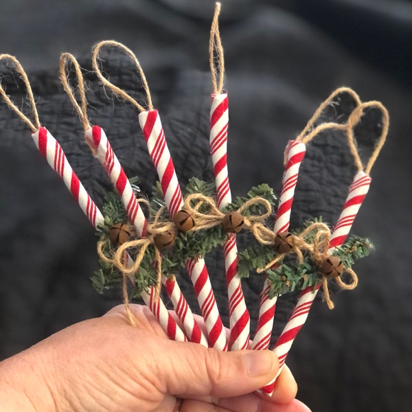 FAUX pep-O-mint sticks, Country Christmas, Farmhouse Ornaments, Rustic Primitive Ornies, Holiday decor, Shabby Chic decor,  set of 6