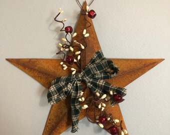 Rustic 11” Metal Barn Star with pips bell and homespun bow wall decor primitive