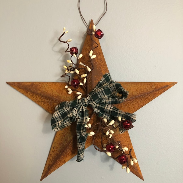 Rustic 11” Metal Barn Star with pips bell and homespun bow wall decor primitive