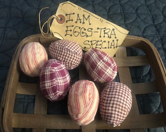 Easter prim RAG EGGS set-6, 2.5 inch RUSTIC Burgundy, Country Spring homespun ornies, Bowl Fillers, Farmhouse Ornaments, 2 of each color