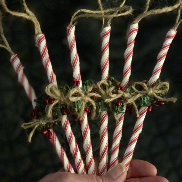 FAUX red/white prim peppermint mint sticks, Christmas candy, Farmhouse Ornaments, Rustic Ornies, Holiday decor, Shabby Chic decor,  set of 6