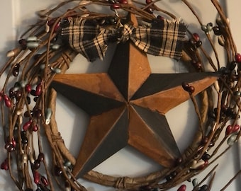 7” Primitive pip berry ring 5.5” metal star prim rustic bow farmhouse decor homespun black slate burgundy DLCC