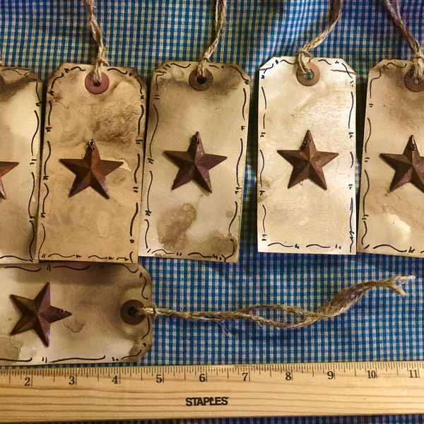 Primitive Decor Set of 6 stained hang tags w/ barn star w/ or w/o jute bow country Christmas rustic farm house holiday clearance gift Xmas