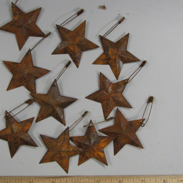 Primitive smalls Set of 10 -metal barn stars 1.5” or 2.25" with rusty pins Primitive Floral crafts Americana