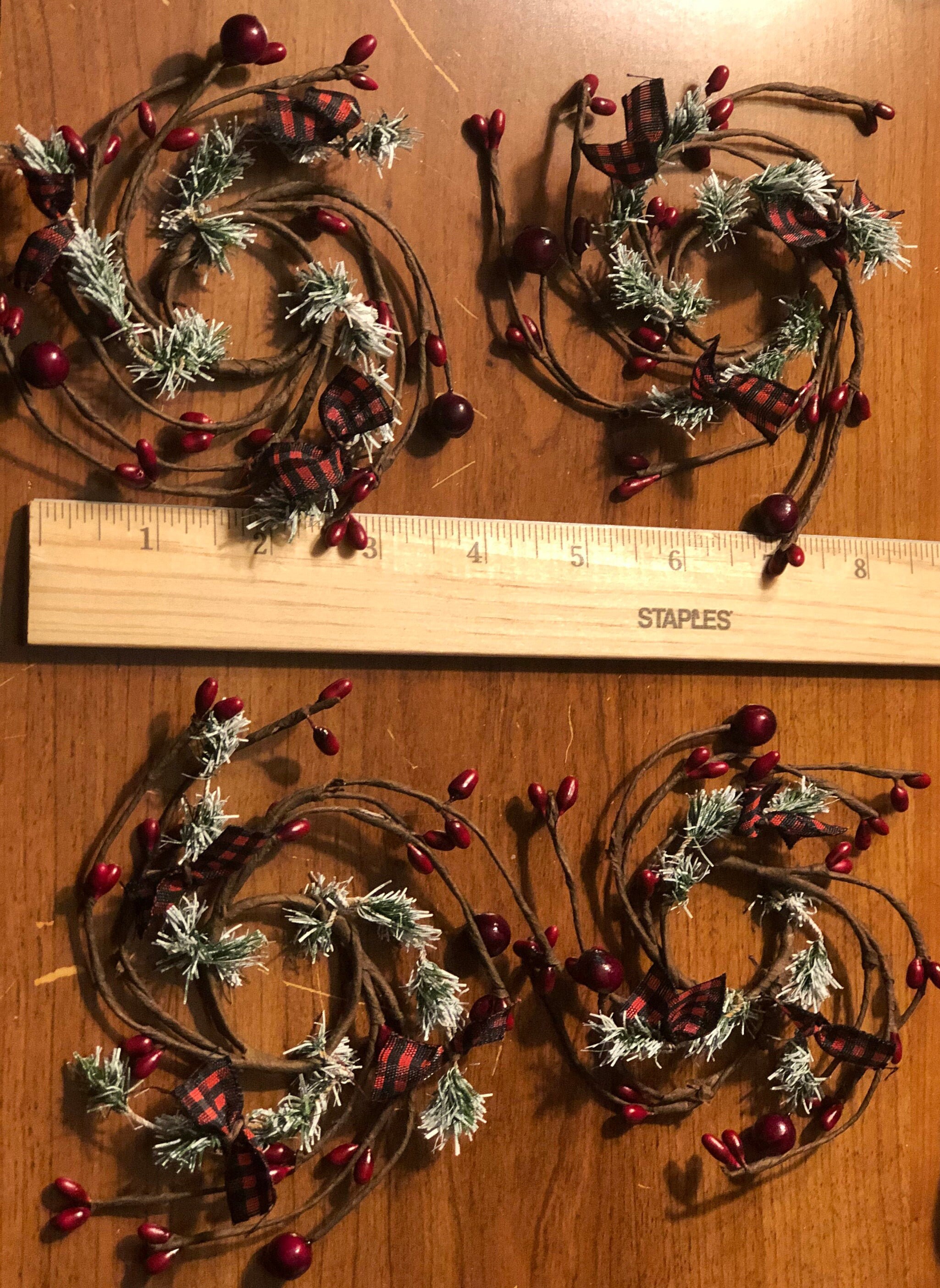 Christmas Set of 4 Burgundy pip berry candle rings 1.5" centers red black Checked bows greenery Rustic Prim Christmas Snow Americana Floral