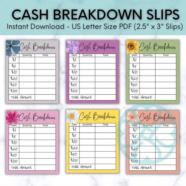 PRINTABLE Flower Themed Cash Breakdown Slips, Set of 6 Printable Cash Breakdown Slips, Instant Download Bank Slips, Cash Budgeting