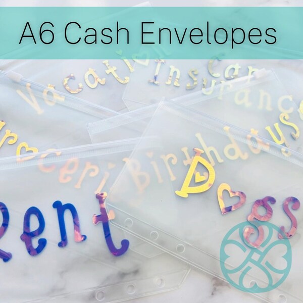 Custom A6 Cash Envelope with Holographic Metallic Lettering, Vinyl Cash Envelope, Clear Zipper Cash Envelopes, Budget Binder Envelopes
