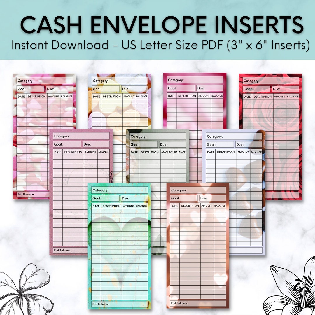 PRINTABLE Hearts and Roses Cash Trackers, Instant Download Cash Envelope Inserts, A6 Spending