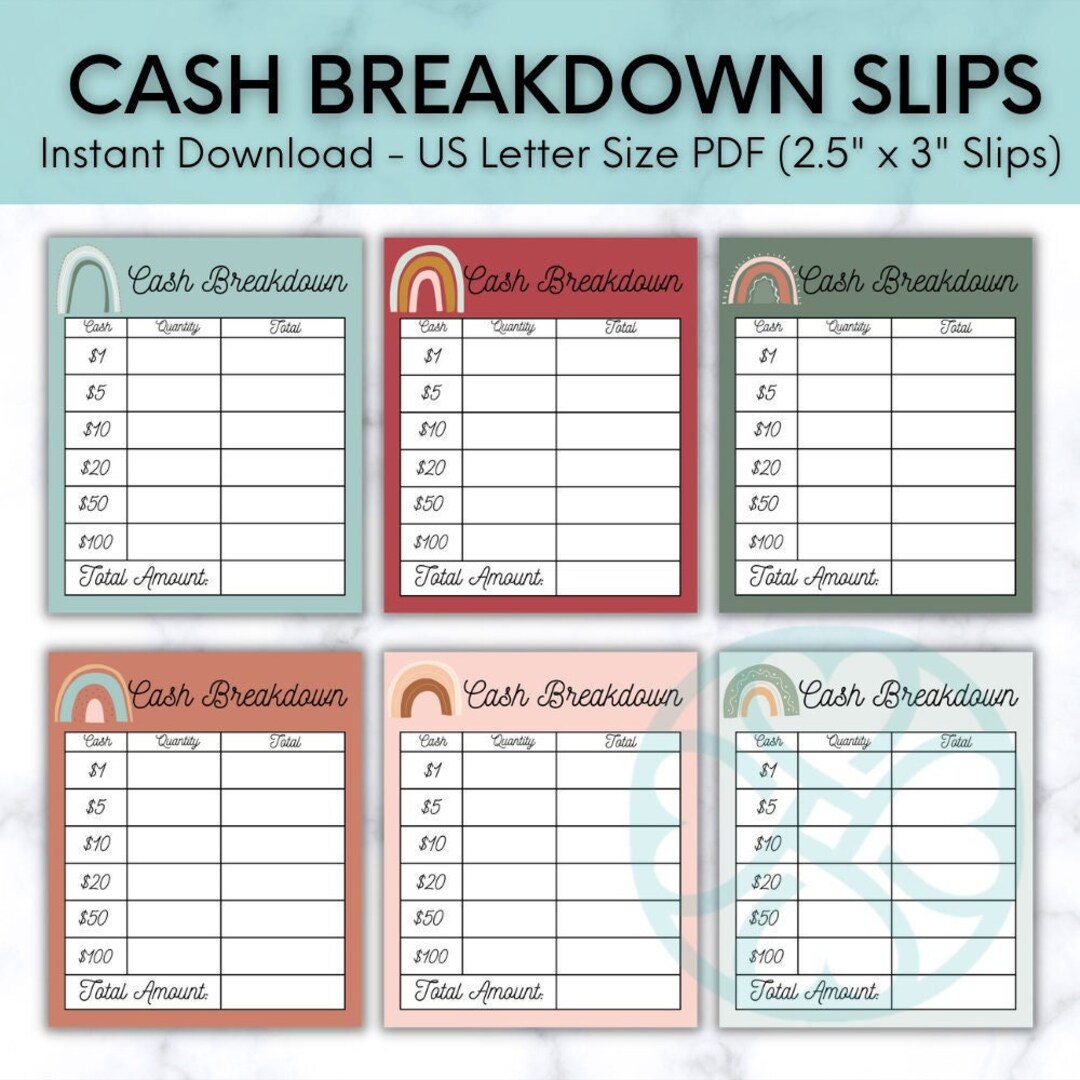 PRINTABLE Bohemian Rainbow Themed Cash Breakdown Slips, Set of 6 ...