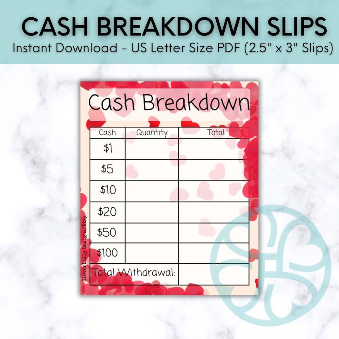 PRINTABLE Red Hearts Cash Breakdown Slips for Bank Teller, Instant ...