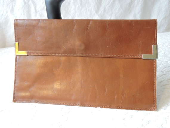 Vintage Brown Leather 80s Clutch - image 1
