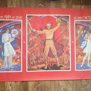 CARTEL ORIGINAL VINTAGE Paz espacial, Educación Propaganda soviética