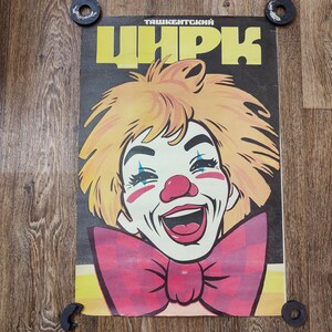 CARTEL ORIGINAL DE CIRCO Diseño de arte vintage Payaso Decoración de pared Cartel de circo original de Tashkent "Circo de Tashkent". Años 1992
