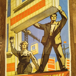 CARTEL ORIGINAL RARO Constructores del período soviético 1961 Propaganda vintage
