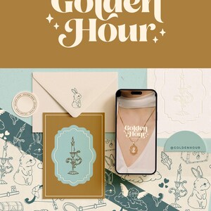 May include: A brand identity design for a business called "Golden Hour". The design features a candle, a rabbit, a heart, a key, a chest, and a cloud with an angel. The design is in a vintage style with a color palette of gold, brown, and blue.