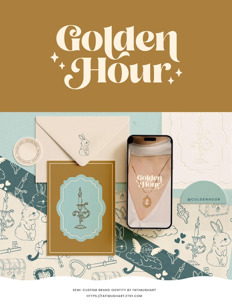 May include: A brand identity design for a business called "Golden Hour". The design features a candle, a rabbit, a heart, a key, a chest, and a cloud with an angel. The design is in a vintage style with a color palette of gold, brown, and blue.