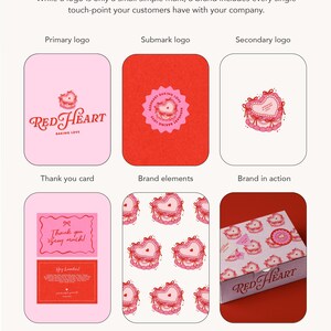May include: A graphic design branding guide for a bakery called "Red Heart Baking Love". The guide includes a primary logo, submark logo, secondary logo, thank you card, brand elements, and a box design. The brand colors are red, pink, and white.