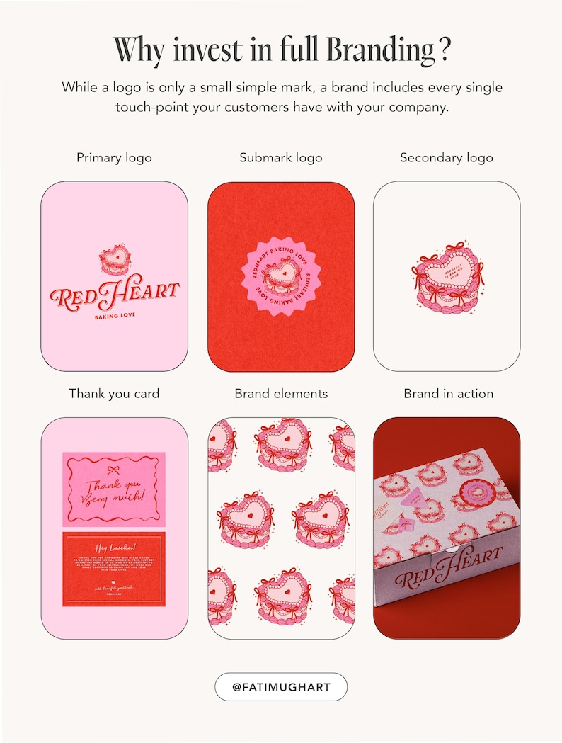 May include: A graphic design branding guide for a bakery called "Red Heart Baking Love". The guide includes a primary logo, submark logo, secondary logo, thank you card, brand elements, and a box design. The brand colors are red, pink, and white.