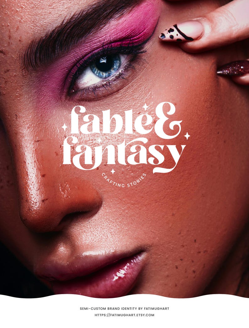 May include: A close-up of a woman's face with pink eyeshadow and a bold graphic design for a brand called "Fable & Fantasy: Crafting Stories".