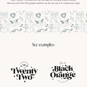 May include: A black and white graphic design illustration of a chest with a key, a heart, a bunny, and a cloud. The text "Don't want to invest in full Branding yet?" is at the top of the image. The text "See examples:" is in the middle of the image. The text "Twenty Two" is in black text with a black and white illustration of a bow and arrow. The text "Black Orange" is in black text with a black and white illustration of a key. The text "MILLA'S CHIC CLOSET" is in black text below the text "Black Orange". The text "SEMI-CUSTOM BRAND IDENTITY BY FATIMUGHART" is at the bottom of the image. The text "HTTPS://FATIMUGHART.ETSY.COM" is at the bottom of the image.