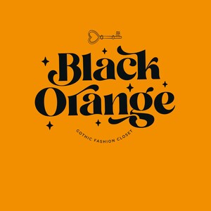 May include: Black and orange logo with the text "Black Orange Gothic Fashion Closet" and a key with a heart-shaped bow. The logo is on a bright orange background.