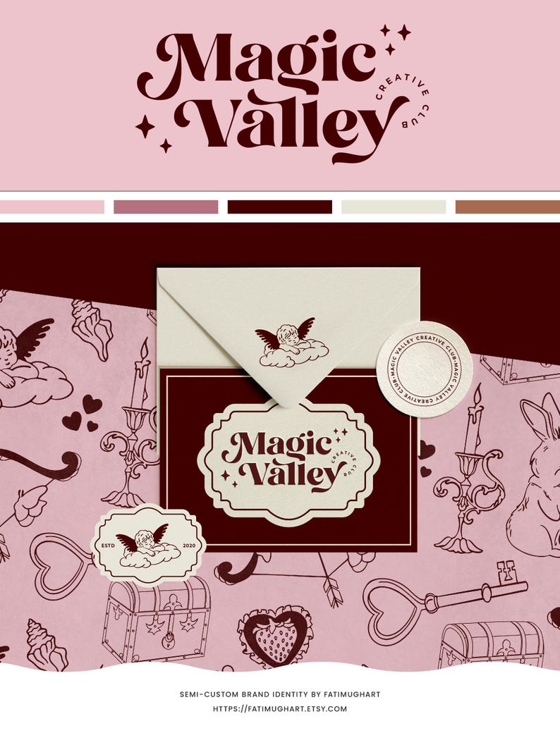 May include: A pink and white envelope with a brown seal featuring the text "Magic Valley Creative Club". The envelope is surrounded by a pattern of hearts, keys, cherubs, and candles on a pink background.