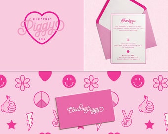 May include: A pink and white brand identity design for a business called "Electric Piggy". The logo features a pink heart with the text "Electric Piggy" inside. The brand identity includes a thank you card, a business card, and a packaging design with a pink and white pattern of peace signs, hearts, stars, and smiley faces. The text "Be You. Be Electric. Piggy. Be Bold. Be Fearless." is featured on the packaging design.