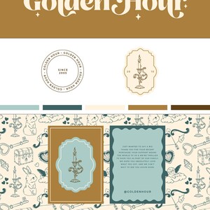 May include: A brand identity design for a business called Golden Hour. The logo features a stylized candle with a flame and the text "Golden Hour" in a decorative font. The design also includes a pattern of hearts, keys, and cherubs. The text "Just wanted to say a big thank you for your recent purchase! Your support means the world to us & we're thrilled to have you as part of our family. We hope you absolutely love what you got, and we can't wait to see you again soon. @goldenhour" is included in the design.