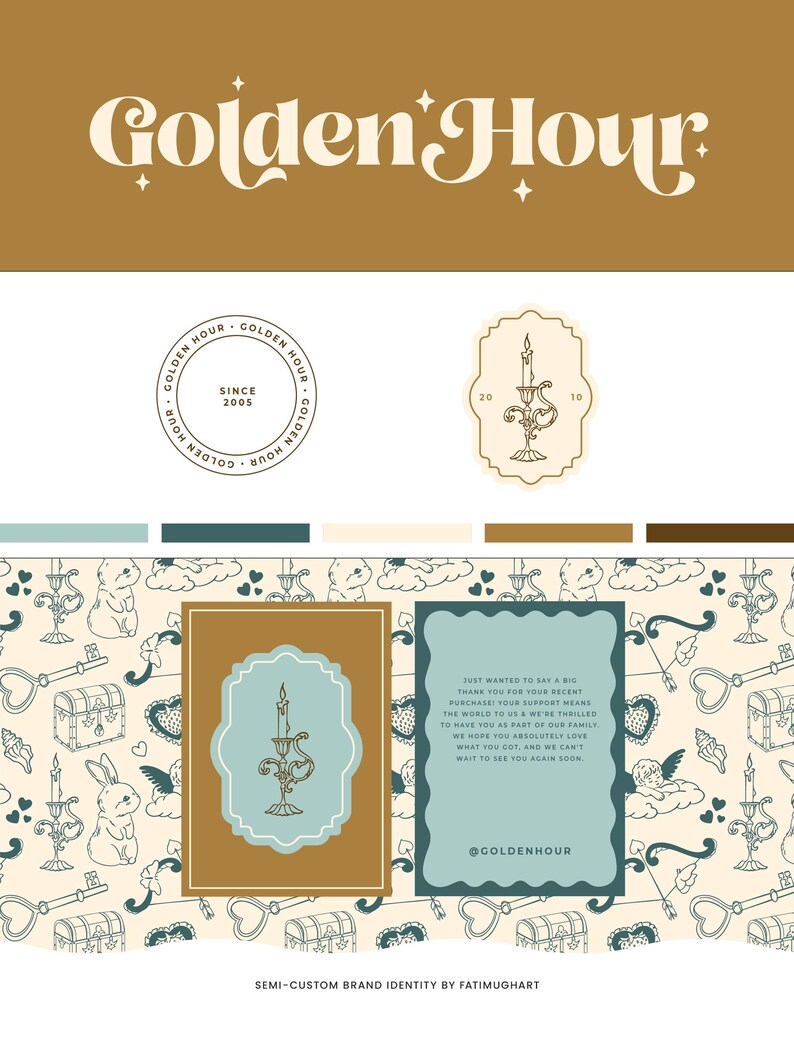 May include: A brand identity design for a business called Golden Hour. The logo features a stylized candle with a flame and the text "Golden Hour" in a decorative font. The design also includes a pattern of hearts, keys, and cherubs. The text "Just wanted to say a big thank you for your recent purchase! Your support means the world to us & we're thrilled to have you as part of our family. We hope you absolutely love what you got, and we can't wait to see you again soon. @goldenhour" is included in the design.