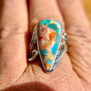 Turquoise & Spiny Oyster Shell Sterling Silver Heart Ring Size 7 1/2