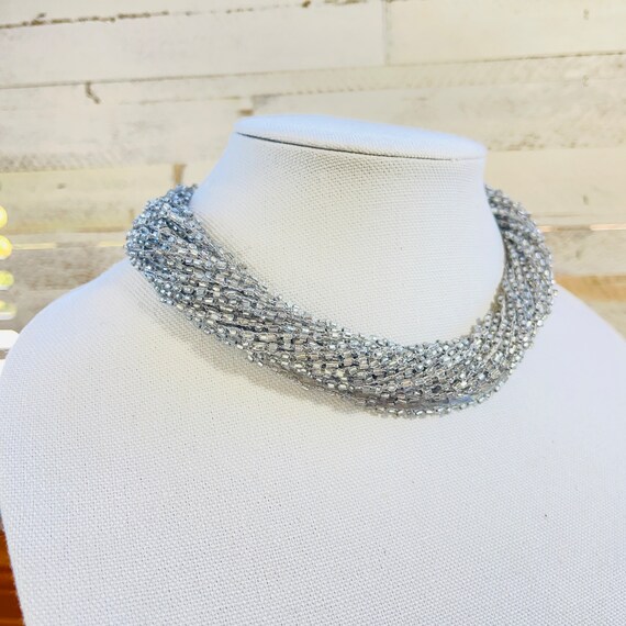 Vtg Blue Glass Beaded Silver Tone 2 Strand Statement