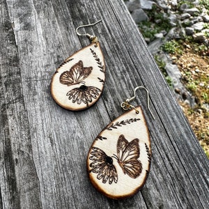 Butterfly earrings, wood burned earrings, teardrop wood earrings, wood earrings, dangle earrings, hypoallergenic image 2