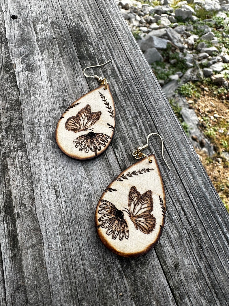 Butterfly earrings, wood burned earrings, teardrop wood earrings, wood earrings, dangle earrings, hypoallergenic image 2