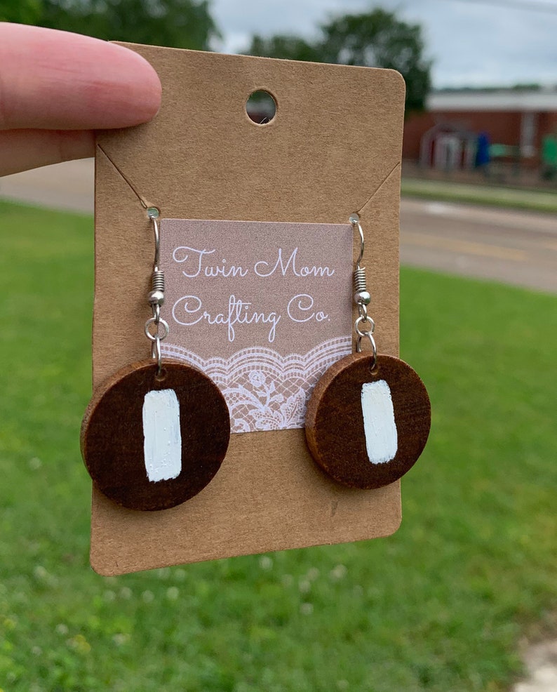 blaze symbol wood burned natural wood Hiking jewelry dangle earrings Appalachian trail round wood earrings