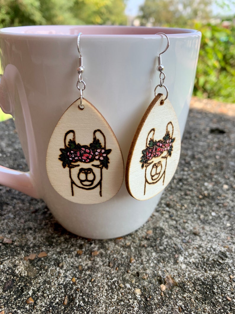teardrop wood earrings dangle earrings Llama earrings wood burned earrings wood earrings hypoallergenic