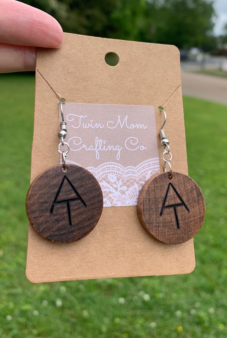 blaze symbol wood burned natural wood Hiking jewelry dangle earrings Appalachian trail round wood earrings