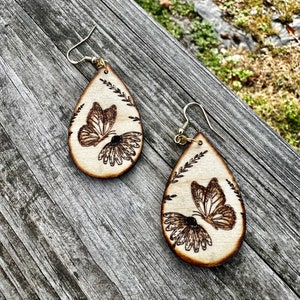 Butterfly earrings, wood burned earrings, teardrop wood earrings, wood earrings, dangle earrings, hypoallergenic image 1