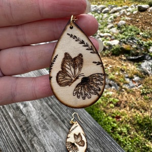 Butterfly earrings, wood burned earrings, teardrop wood earrings, wood earrings, dangle earrings, hypoallergenic image 3