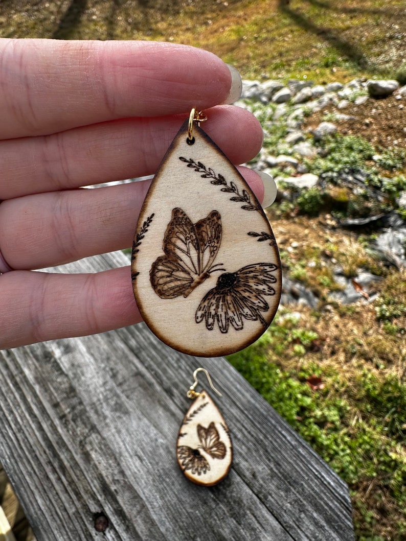 Butterfly earrings, wood burned earrings, teardrop wood earrings, wood earrings, dangle earrings, hypoallergenic image 3