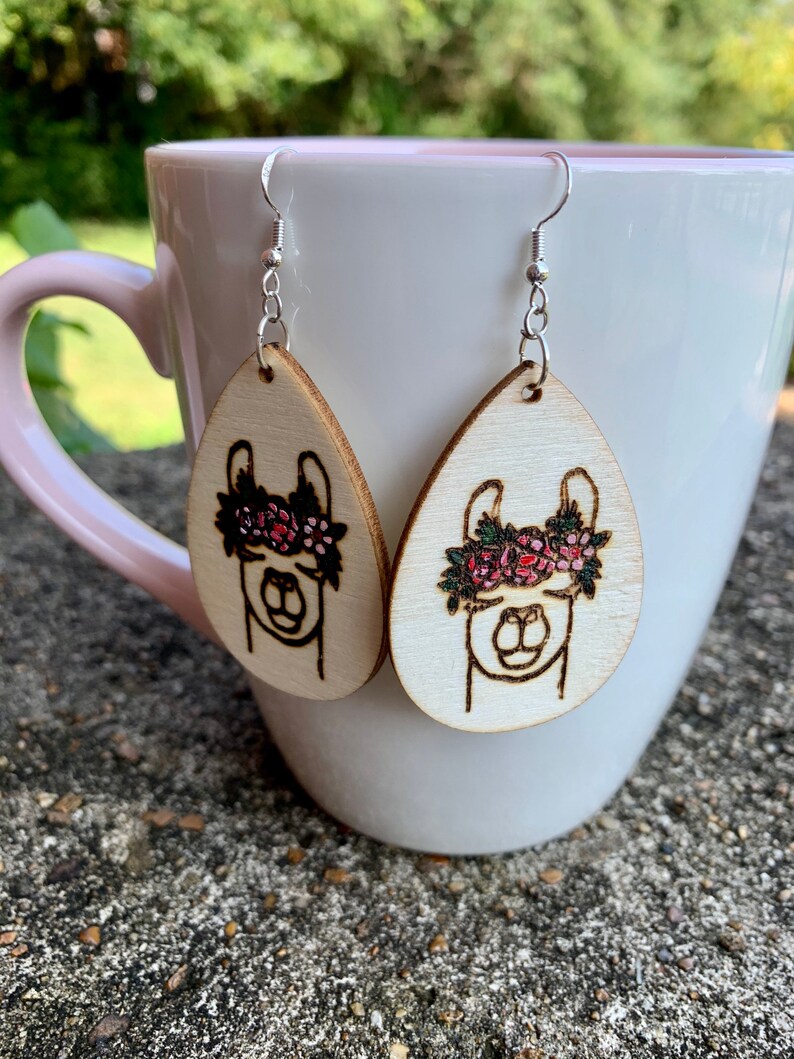 teardrop wood earrings dangle earrings Llama earrings wood burned earrings wood earrings hypoallergenic