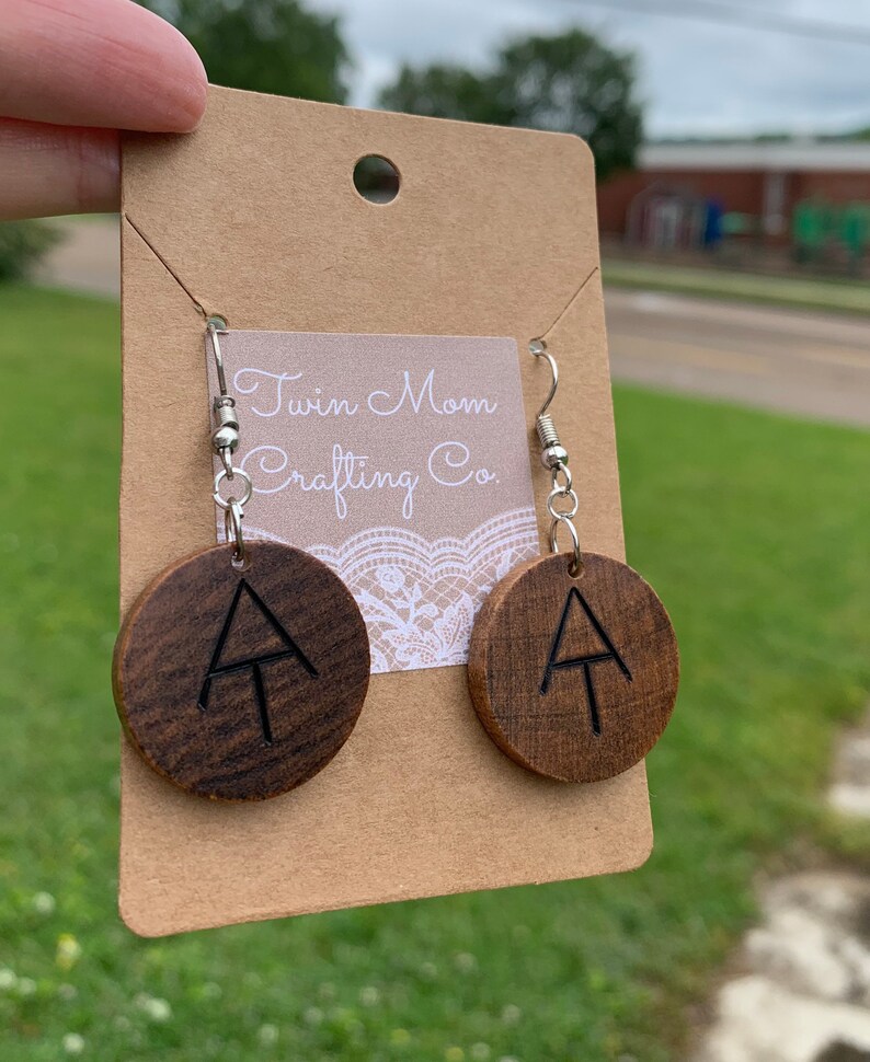 blaze symbol wood burned natural wood Hiking jewelry dangle earrings Appalachian trail round wood earrings
