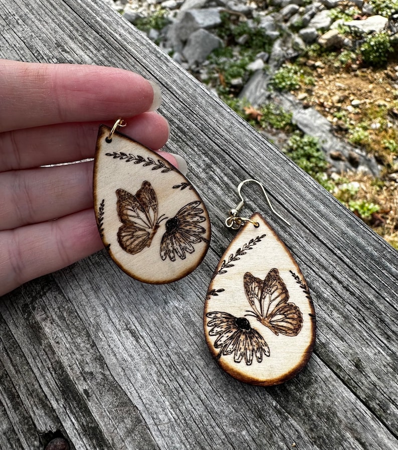 Butterfly earrings, wood burned earrings, teardrop wood earrings, wood earrings, dangle earrings, hypoallergenic image 4