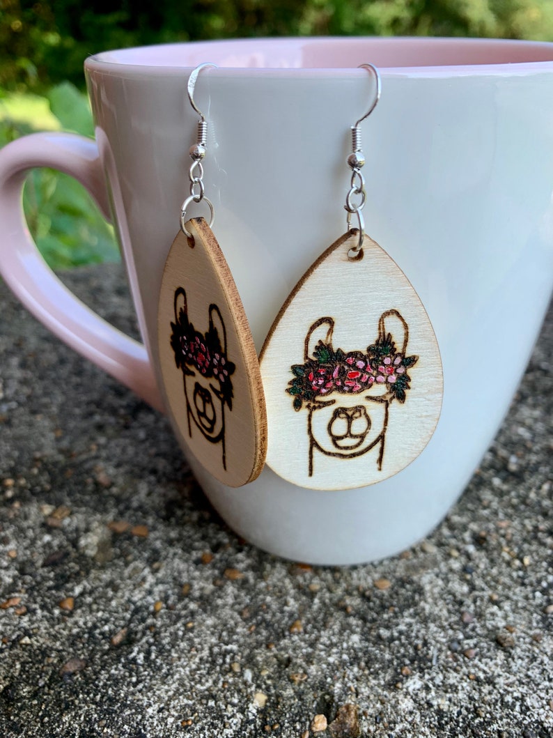 teardrop wood earrings dangle earrings Llama earrings wood burned earrings wood earrings hypoallergenic