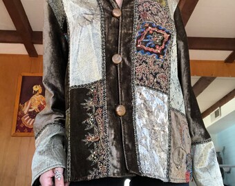 Patchwork Tapestry Jacket / Vintage Patchwork Jacket / M/L / Velvet Patchwork Jacket / Beaded Tapestry Jacket / Velvet Embroidered Jacket