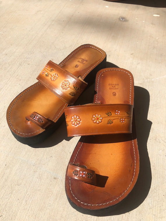 Tooled Leather Wedge Sandals / Tooled Leather Sand