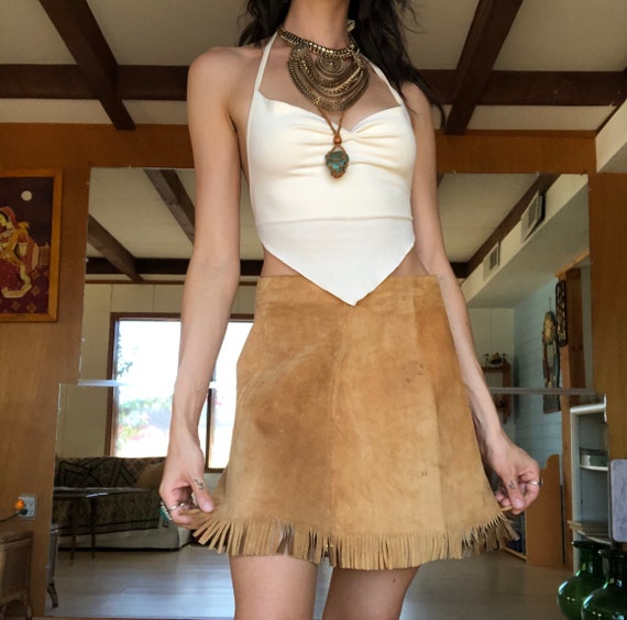 Fringe Leather Skirt / Xs S Leather Skirt / 60s V… - image 1
